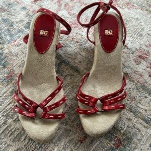 Wedge heel Size 7 red ankle strap, leather sandals